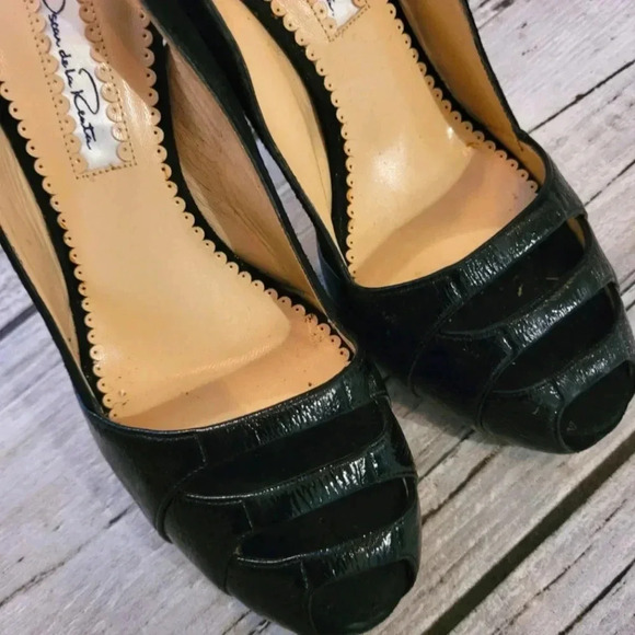 OSCAR DE LA RENTA Black patent leather suede slingback peep-toe heels shoes 6.5 - Picture 5 of 16